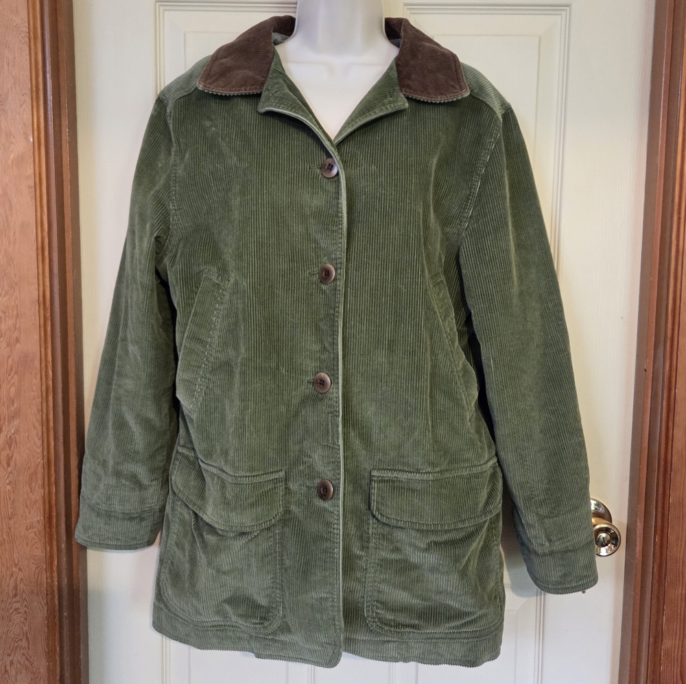 Womens L.L. Bean Green Corduroy Coat with Brown Collar